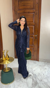 Blue front draping dress